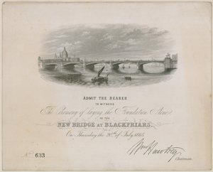 ブラックフライアーズブリッジ。 1865年7月20日、礎石を置くための式典への招待 作： English School