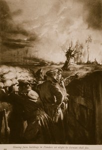 フランダースの燃える農場の建物、1914年から1919年までドイツの砲撃で火がついた 作： English School