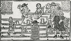 ボードゲームと酒場での飲酒（木版画 作： English School
