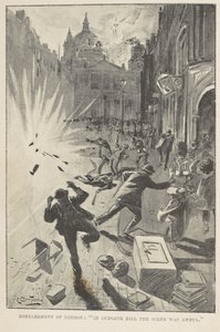 ロンドンの砲撃: 「ラドゲイト ヒルのシーンはひどいものでした」、「1897 年のイギリスでの大戦」の口絵の挿絵、ウィリアム ル キュー作 作： English School
