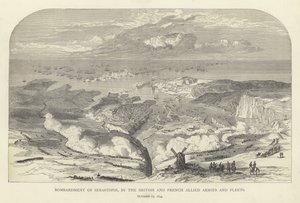 イギリスとフランスの同盟軍と艦隊によるセバストポル爆撃、1854年10月17日 作： English School