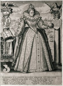 エリザベス女王を祝う本の口絵は、幸せで豊かな統治、1596年 作： English School