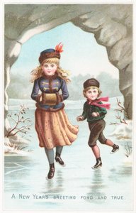 男の子と女の子のアイススケート、年賀状 作： English School