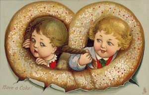 ケーキに絡まる男の子と女の子（カラーリトグラフ） 作： English School