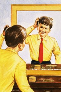 銀の薄層で裏打ちされた鏡で髪をブラッシングする少年 作： English School