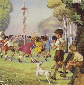 五月人形の周りで踊る子供たちを撮影する少年（カラーリトグラフ 作： English School
