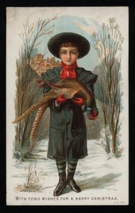 キジを持つ少年、クリスマス・グリーティング・カード。(クロモリト) 作： English School