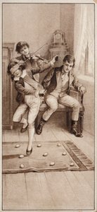 目隠しをして卵を踏まないようにするゲームをする少年（リトグラフ 作： English School