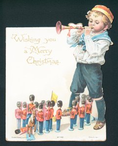 おもちゃの兵士と遊んで、トランペット、クリスマスカードを吹く少年 作： English School