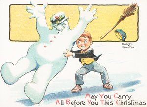 氷、クリスマスカードに雪だるまを押す少年