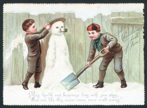 雪だるま、クリスマスカードを構築する男の子 作： English School