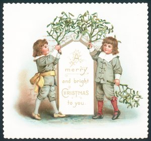 ヤドリギにぶら下がっている男の子、クリスマスカード 作： English School