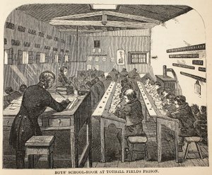 Tothill Fields Prisonの男の子のスクールルーム、ロンドンの刑務所刑務所のイラスト、Henry MayhewとJohn Binnyによる刑務所の生活のシーン、パブ。 1862 作： English School