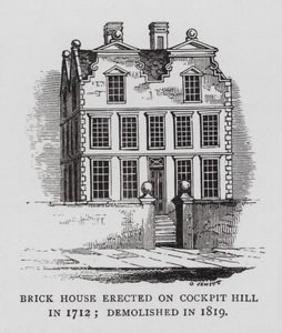 1712年にコックピットヒルに建てられたレンガ造りの家、1819年に取り壊された（彫刻 作： English School