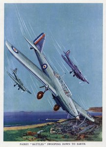 地面に向かって急降下するイギリスのフェアリー・バトル軽爆撃機（カラーリトグラフ 作： English School