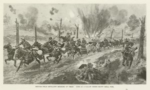 第一次世界大戦の重砲撃の下でギャロップに銃を持ち込んだイギリス野戦砲 作： English School