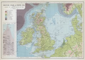 陸地の高さと海の深さを示すイギリス諸島と北海（カラーリトグラフ） 作： English School