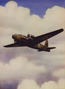 飛行するイギリスのビッカース・ウェリントン中型爆撃機（カラーリトグラフ 作： English School