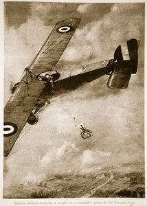 1914〜19年にドイツ軍の戦士の墓に花輪を落とすイギリスの飛行士 作： English School