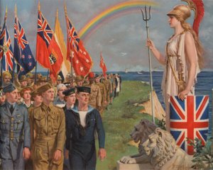 ブリタニアの前をパレードする大英帝国の軍人と民間人（カラーリトグラフ 作： English School