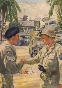 第二次世界大戦中、北アフリカ作戦で落ち合うアメリカ軍兵士にタバコを勧めるイギリス軍軍曹。 作： English School