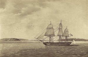フランス・ブレスト沖を偵察するバイアム・マーティン艦長指揮の英フリゲートHMSフィスガード（リトグラフ） 作： English School