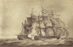 1796年6月、フランスのフリゲート艦タミーズを捕らえたトーマス・バイアム・マーティン艦長のイギリスのフリゲート艦HMSサンタ・マルガリータ（リトグラフ 作： English School