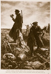 1914〜19年に敵の領土に進出した後、イギリスの兵士ががれきを片付ける 作： English School