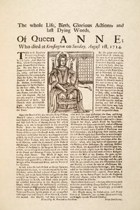 1714年8月1日（日）のアン女王の死去に合わせて発行されたブロードサイド（版画・木版）。 作： English School