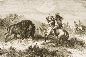セントルイスとデンバーの間のグレートプレーンズでのバッファロー狩猟、1870年、「アメリカンピクチャーズ」より 作： English School