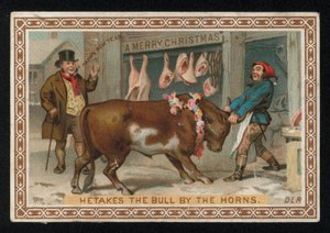 雄牛を店に引き入れる肉屋、クリスマス・グリーティング・カード。(クロモリト)