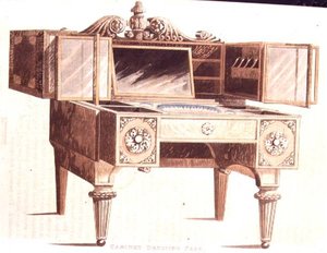 1824年に出版されたアッカーマンの「芸術、文学、商業、製造、ファッション、政治のリポジトリ」の136番プレートのキャビネット・ドレッシングケース（カラーリトグラフ 作： English School
