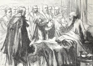 カルバンが最後に理事会で演説した、ジェームズ・エイトケン・ワイリー（1808-1890）によるパブのプロテスタンティズムの歴史からのイラスト。 1878 作： English School