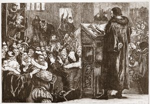カルヴァンはリブの教会で脅迫した、ジェームス・エイトケン・ワイリー（1808-1890）によるパブのプロテスタンティズムの歴史からのイラスト。 1878 作： English School