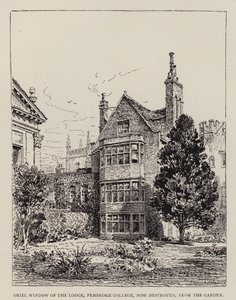 ケンブリッジペンブローク・カレッジのロッジのオリエル窓（現在は破壊されている）、庭から（エッチング 作： English School