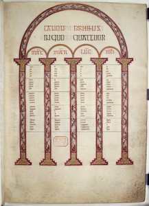 Canon Tables、「Lindisfarne Gospels」のイラスト、710-21（ベラム） 作： English School