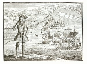 バーソロミューロバーツ船長（1682-1722）と2隻の船、ロイヤルフォーチュンとレンジャーは172の1月11日、ギニーの海岸のホワイトダウロードを航海します。 作： English School