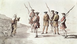 反逆者の捕獲、サイモン・フレイザー、ロバット卿 (1667?-1747) (紙に水彩) 作： English School