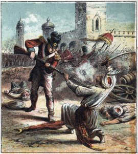 1799年、ウェリントン公爵アーサー・ウェルズリー（1769-1852）率いるイギリス軍が、インド・マイソールの首都セリンガパタム（またはスリランガパトナ）の町を占領。この出来事により、アングロ・マイソール戦争が終結し、マイソールの支配が始まった。 作： English School