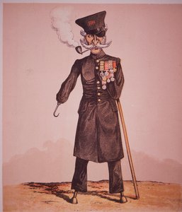 王立病院のチェルシー年金受給者の風刺画（Seccombe少佐の「Army and Navy Drolleries」より）（彩色済み彫刻版 作： English School