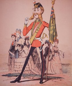 連隊旗を持つ歩兵下士官の風刺画（Seccombe少佐の「Army and Navy Drolleries」より 作： English School