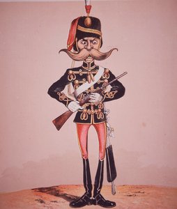 第11ユサールの歩哨の風刺画（Seccombe少佐の「Army and Navy Drolleries」より）（彩色済み彫刻版 作： English School