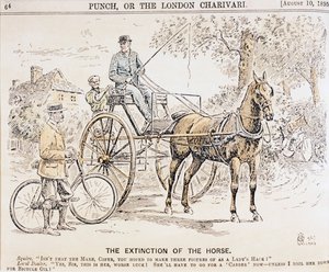 1895年8月10日、パンチマガジンからの自転車とモーターを備えた輸送の到来とそれに伴う馬が引く交通の終わりについての漫画 作： English School