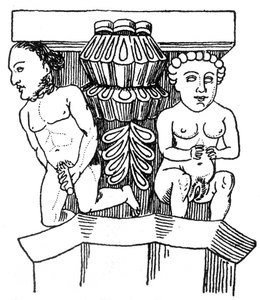 エグラの教会の柱の首都から性器を見せている男女の彫刻が施された人物像 作： English School