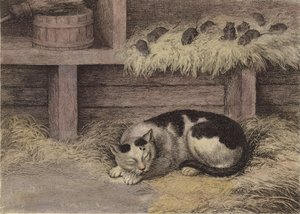 納屋の猫とネズミ（着色彫刻）