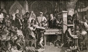 1858年ウェストミンスターの養蜂場でエドワード4世に印刷した標本を見せているカクストン（c.1422-91） 作： English School