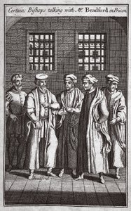 刑務所でブラッドフォード氏と話している特定の司教、キツネの殉教者のイラストc.1703 作： English School