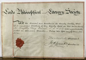 1823年12月5日、リーズ哲学および文学協会へのハンフリーデービー卿（1778-1829）の名誉会員証 作： English School