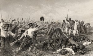 1858年に出版された「インディアン反乱の歴史」から、ハヴロック将軍の下でカウポア前のハイランダーズの告発 作： English School