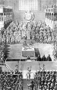 1649年1月27日、ホワイトホールの高等法院でのチャールズ1世 作： English School